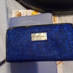 Betsey Johnson cobalt blue metallic tinsel rose zip around wallet organizer